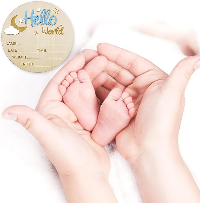 Baby Announcement Sign, 5.9 Inch Wooden Hello World Newborn Signs, Birth Announcement Sign and Pen, Moon and White Cloud Decoration, Welcome Newborn Arrival to World, Hospital Nursery for baby (Blue)