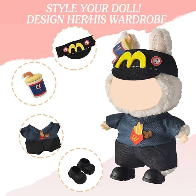 17cm Doll Clothes, Accessories for 15/17cm Dolls Clothes Headband + Overalls, Dolls Keychain Accessories, No Doll Included (Black)