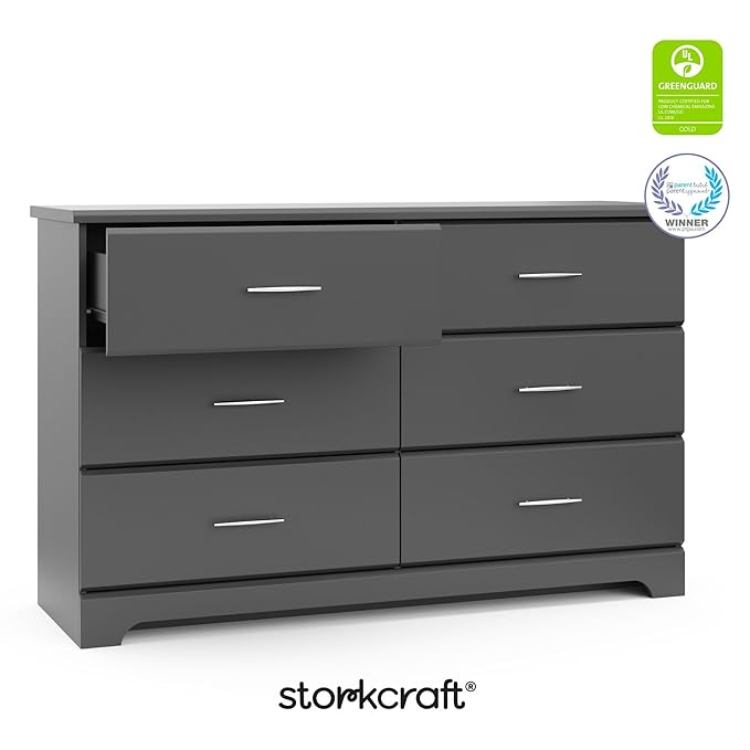 Storkcraft Brookside 6-Drawer Dresser (Gray) – GREENGUARD Gold Certified, Gray Dresser for Bedroom, Kids & Nursery Storage Chest, Safety Interlocking Drawers, Pre-Installed Tracks, Kids Chest