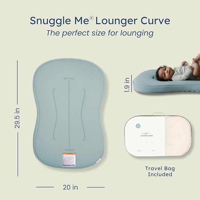 Snuggle Me® Baby Lounger Curve (0-6 Months) - Premium Organic Cotton with Foam Core, Machine-Washable Cover, Buttery-Soft & Breathable Infant Lounger with Travel Bag (30 in x 20 in x 1.9 in) - Slate