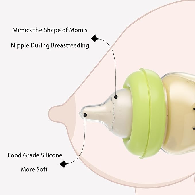 YOHKOH PPSU Baby Bottle Wide Neck, Newborn Anti-Colic Baby Bottle with Natural Response Nipple, Streamlined Body, Easy to Clean (5.4oz (Pack of 4), Green)