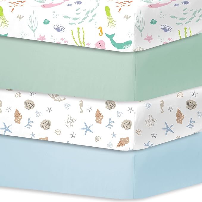 Bimocosy Crib Sheets for Boys Girls, Fitted Crib Sheet 4 Pack for Standard Crib and Toddler Mattresses, Super Soft Breathable Microfiber Baby Sheet 28x52x8in, Ocean World/Milky Green/Seashell/Blue
