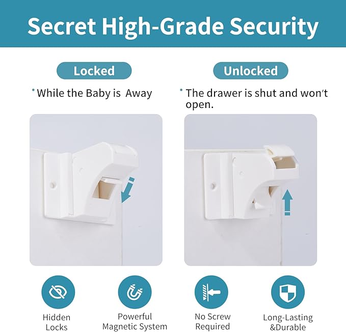 15 Pack Magnetic Cabinet Locks Baby Proofing - Safeasy Child Safety Latches for Cabinets, Drawers & Cupboards - Quick-Adhesive Installation (15 Locks + 2 Keys)