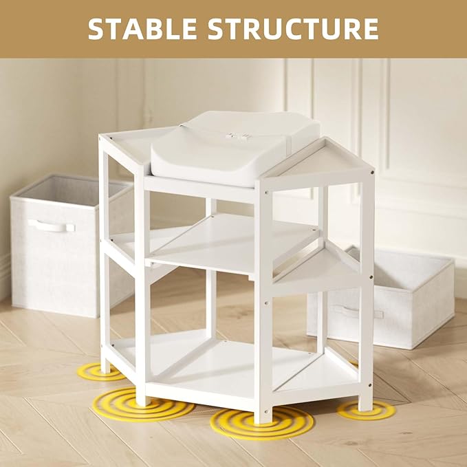 YUFU Baby Corner Changing Table with Storage Drawers, Portable Diaper Changing Station with Baby Changing Pad, Modern Wood Changing Table Dresser for Infants and Toddlers (White)