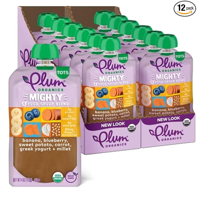 Plum Organics Mighty 4 Organic Toddler Food - Banana, Blueberry, Sweet Potato, Carrot, Greek Yogurt, and Millet - 4 oz Pouch (Pack of 12) - Organic Fruit and Vegetable Toddler Food Pouch