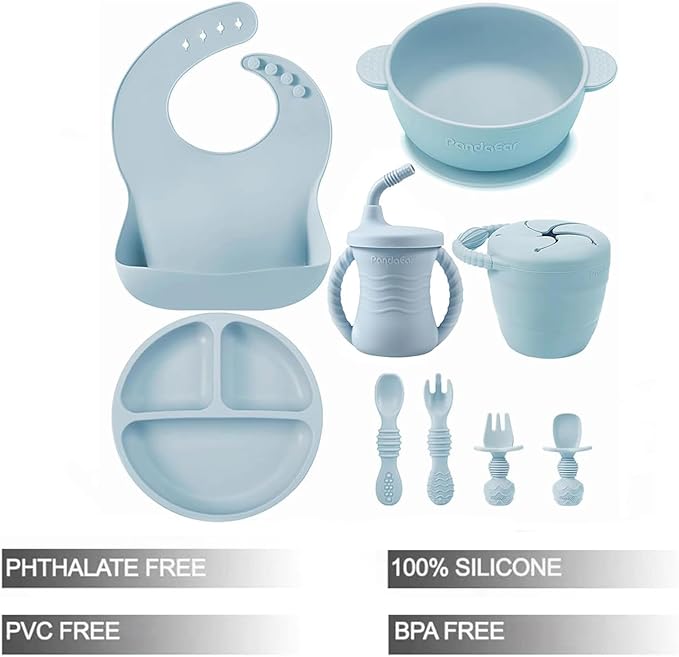 PandaEar Silicone Baby Feeding Set | 9PCS Baby Led Weaning Supplies Self Feeding Utensils | Divided Suction Plate Bowl Bibs Sippy Cup with Baby Snack Container Spoons Forks (Blue)