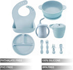 PandaEar Silicone Baby Feeding Set | 9PCS Baby Led Weaning Supplies Self Feeding Utensils | Divided Suction Plate Bowl Bibs Sippy Cup with Baby Snack Container Spoons Forks (Blue)