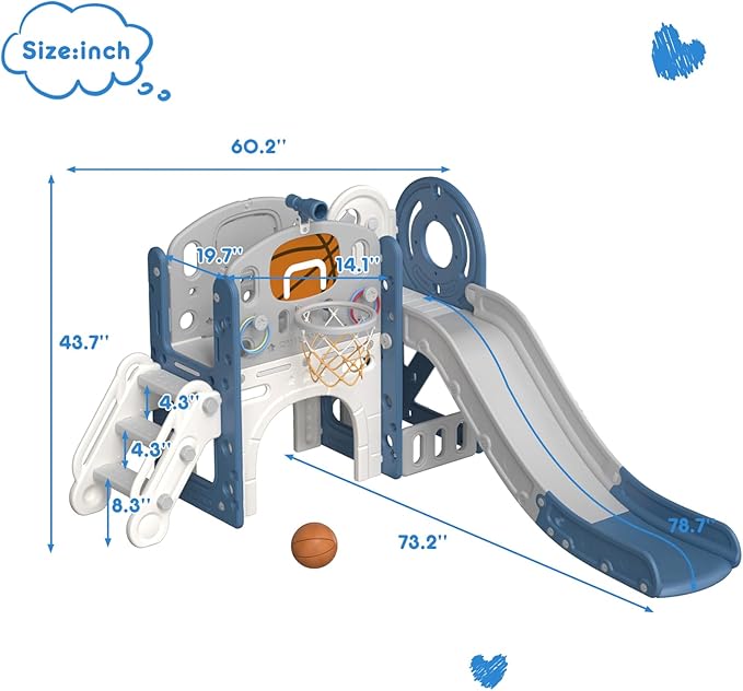 YUFU 9 in 1 Toddler Slide Set, Kids Slide for Toddlers Age 1-3, Toddler Playset with Basketball Hoop and Ball, Outdoor Indoor Playground for Toddlers 1-3 (Blue+Gray)