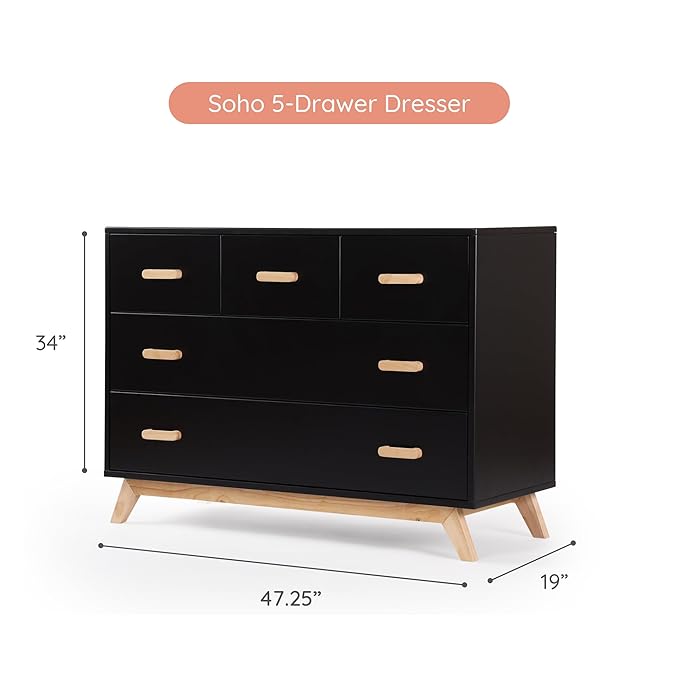 dadada Soho 5-Drawer Dresser for Nursery and Bedroom - Modern Design, Large Storage, Baby-Safe Finish, Soft Close Drawers, Anti-Tip Safety, Sturdy Legs & Solid Wood Handles, 47” Wide (Black+Natural)