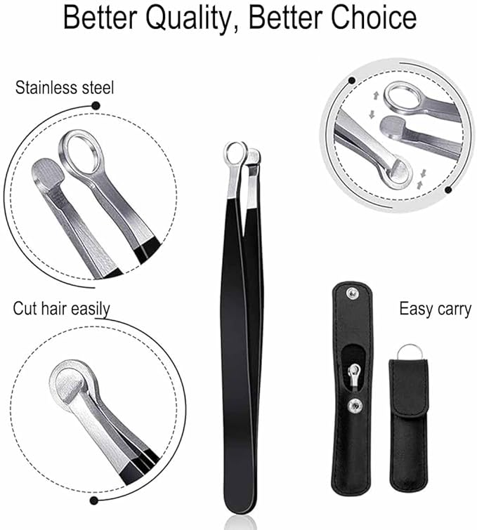 Liangery Manual Nose Hair Trimmer for Men Women- Stainless Steel Precision Blades, Leather Case, Tweezers Style Nasal Cutter, Eyebrow, Ear & Facial Grooming Tool (Black)