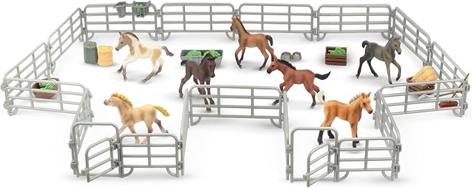 TOYMANY 20PCS Corral Fencing Panel Accessories Playset Includes 2 Gates Fences, Plastic Fence Toys for Barn Paddock Horse Stable or Farm Animals Horses Figurines, Educational Gift for Kids Toddler