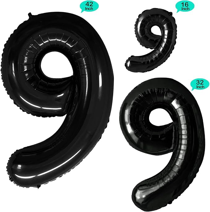 GOER Black Foil Balloons Number 9,Huge Number Balloons for 9th 19th 29th 39th 49th Birthday Party Supplies Anniversary Decorations (3 pcs,42 inch,32 inch,16inch)
