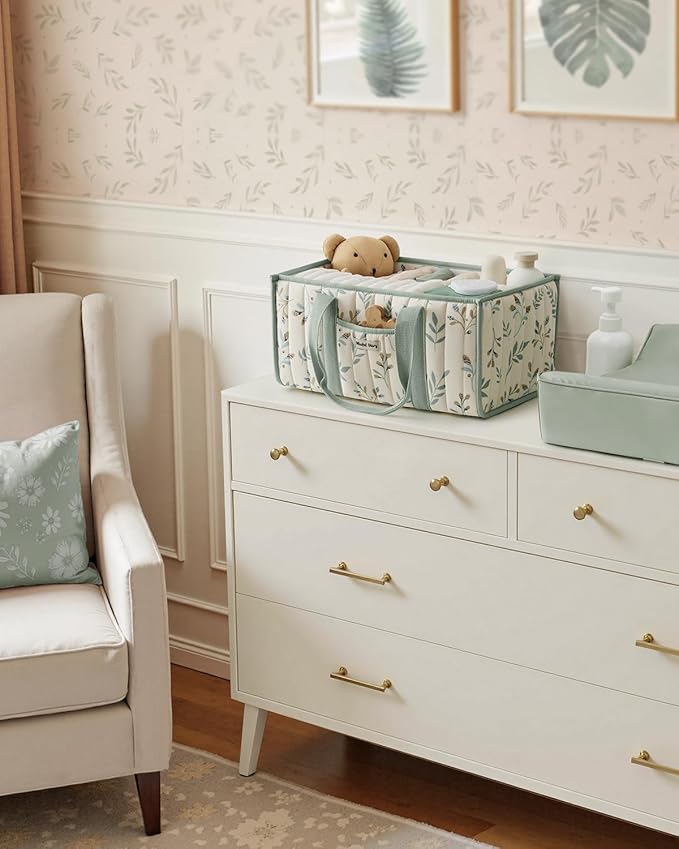 Blissful Diary Leaf Diaper Caddy Organizer, Stylish Nursery Storage Basket, Gift for Baby Shower, Newborn Essentials, Sage Leaf