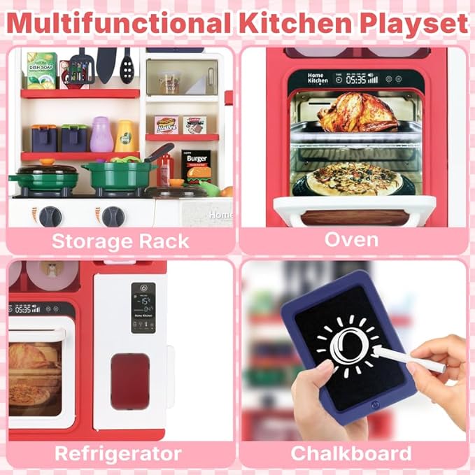 Kids Pretend Kitchen Playset with Electronic Stove, Steam & LED Lights – Interactive Toddler Kitchen Toy with Working Sink, Play Food & Accessories for Girls & Boys 3–8 Years (Red)