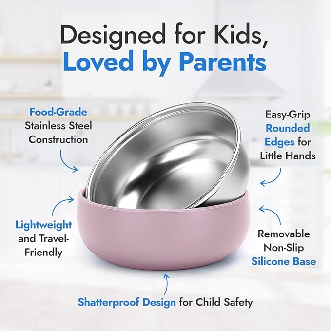 Stainless Steel Bowls with Removable Soft Silicone Sleeves | BPA-Free, Non-Toxic, Non-Slip, Stay-Put | Perfect for Kids, Toddlers & Babies | Ideal for Cereal, Snacks & Meals | 4 Pack