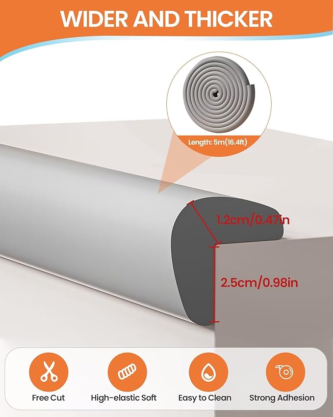 Baby Proof Edge Corner Protector, 16.4FT 0.47''Th L-Shape Furniture Corner & Edge Safety Bumpers with 10 Corners, Pre-Taped, Soft NBR Rubber Foam Desk Edge Cushion Wall Corner Protector (Grey)