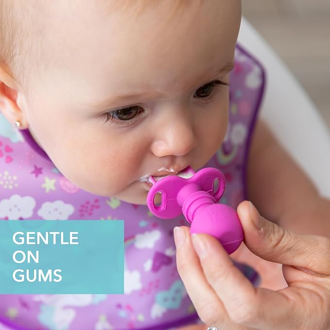 Bumkins Baby Utensils Set, Chewtensils Silicone Spoons for Dipping, Self-Feeding, Baby Led Weaning, Trainer Learning, First Stage Eating, Soft Practice Fork and Spoon, Babies 6 Months, Fuchsia