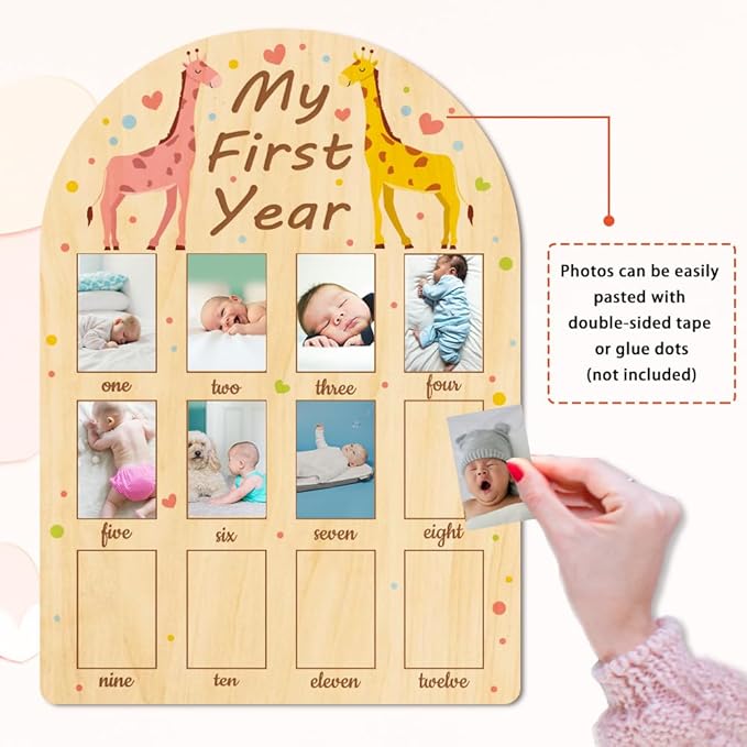 ORIGACH My First Year Baby Growth Photo Display Wood Board - 12 Months Newborn Milestones Photo Board - Neutral Baby Keepsake Frame 1st Birthday Party Nursery Decor New Mom Gift - Giraffe