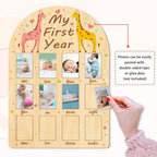 ORIGACH My First Year Baby Growth Photo Display Wood Board - 12 Months Newborn Milestones Photo Board - Neutral Baby Keepsake Frame 1st Birthday Party Nursery Decor New Mom Gift - Giraffe