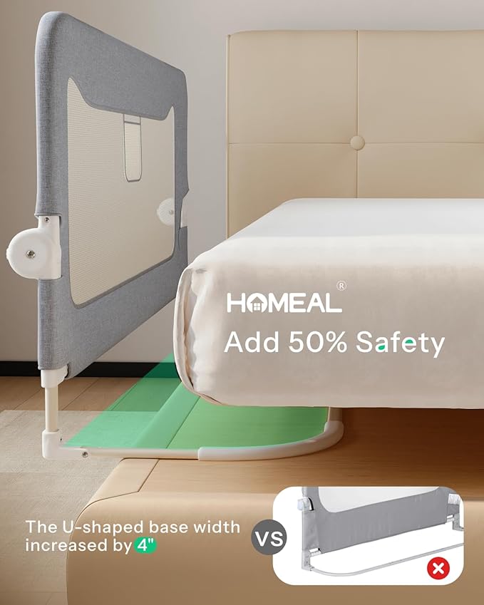 HOMEAL Bed Rail for Toddlers, 59in Foldable Toddler Bed Rails with U-Shape Base Twin Full Queen King Size Beds, Grey 1 Pack