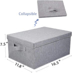 HOONEX Linen Foldable Storage Bins with Lids, 2 Pack, Storage Boxes with Carrying Handles and Sturdy Heavy Cardboard, 16.5" L x 11.8" W x 7.5" H for Shoes, Books, Clothes, Light Grey