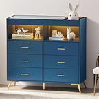 Changing Table Dresser with Drawers, Baby Dresser with Changing Table Top, Power Outlet, LED Light & Metal Feet, Diaper Changing Station Nursery Organizer for Infants Newborn (Blue)