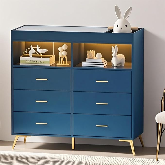 Dresser for Bedroom with LED Lights and Power Outlet, Baby Changing Table Dresser with 6 Drawers, 2 Open Storage Shelves, Baby Diaper Station with Changing Table Top (Blue)