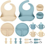 Silicone Baby Feeding Set, 18PCS Baby Led Weaning Supplies, Eating Essentials Utensils with Suction Plate and Bowl, Adjustable Silicone Bib, for 6+ Months (Blue+Beige)