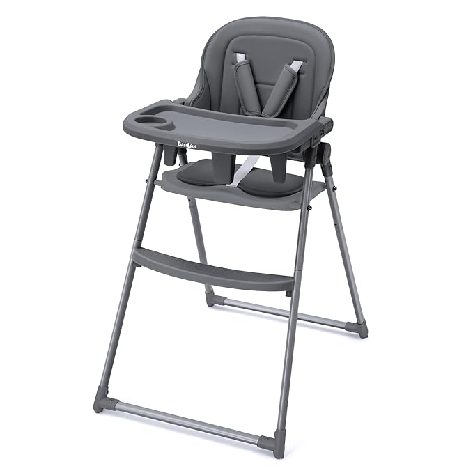 Foldable High Chair, High Chairs for Babies and Toddlers, Dining Chairs and Eating Chair with Adjustable Tray and 5 Point Harness for Infant, Gray