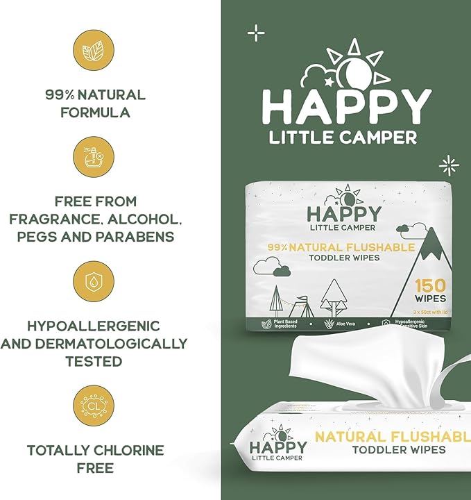 Happy Little Camper Natural Flushable Wipes - Hypoallergenic Wet Wipes with Aloe Vera, Chamomile and Pomegranate Extract - Unscented Baby Wipes Safe for Sensitive Skin - 600 Count