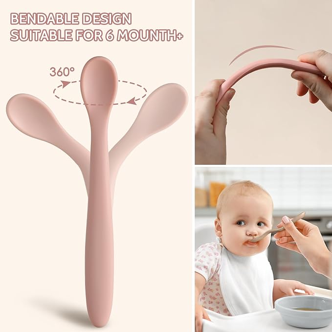 Silicone Baby Feeding Spoons, Training Spoon Self-feeding, First Stage Infant Soft-Tip Easy on Gums, Utensils Supplies, Dishwasher & Boil-proof, 6 Pack