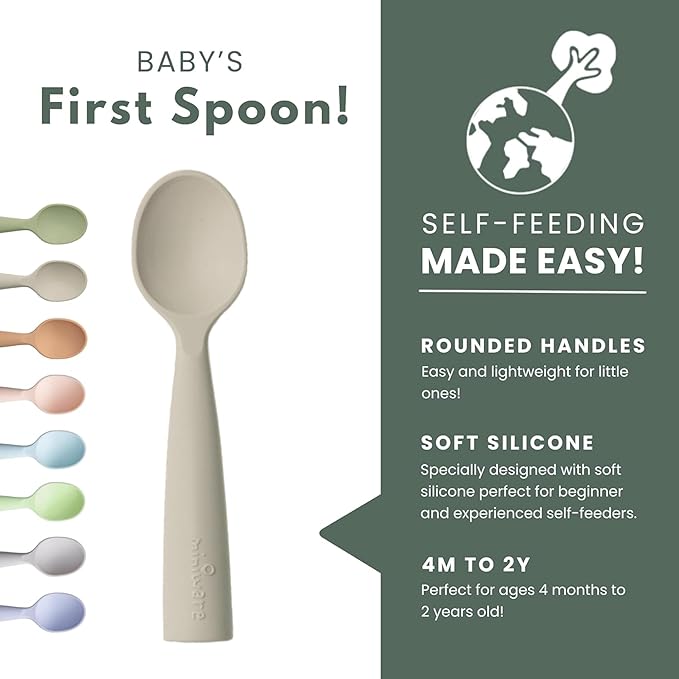 Miniware Silicone Baby Spoon for Training - BPA Free Baby Utensils - Baby Spoons Self Feeding 6 Months | 100% Food Grade Silicone - Modern & Dishwasher Safe Toddler | Dishwasher Safe (Aqua and Oat)
