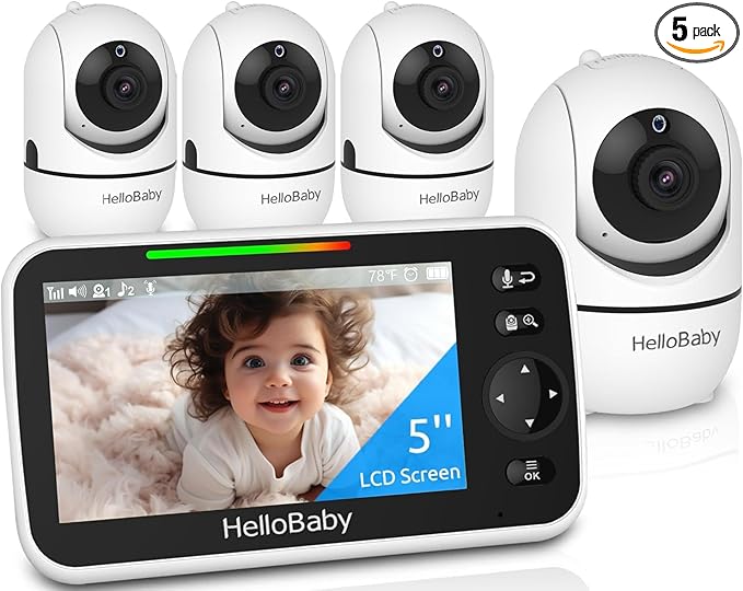 HelloBaby 5" Screen Baby Monitor with 4 Cameras - No WiFi HB6550 Video Baby Monitor, Pan-Tilt-Zoom, 26 Hour Battery, ECO, Night Vision, Temperature Sensor & 2-Way Audio, 8 Lullabies, 1000ft Long Range