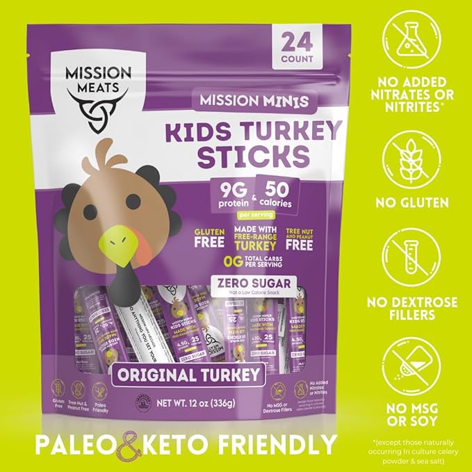 Mission Meats Kids Turkey Sticks – 100% Free Range, Healthy Snacks for Kids, Gluten & Nut Free, 0.5oz, 24 Count (Pack of 1)