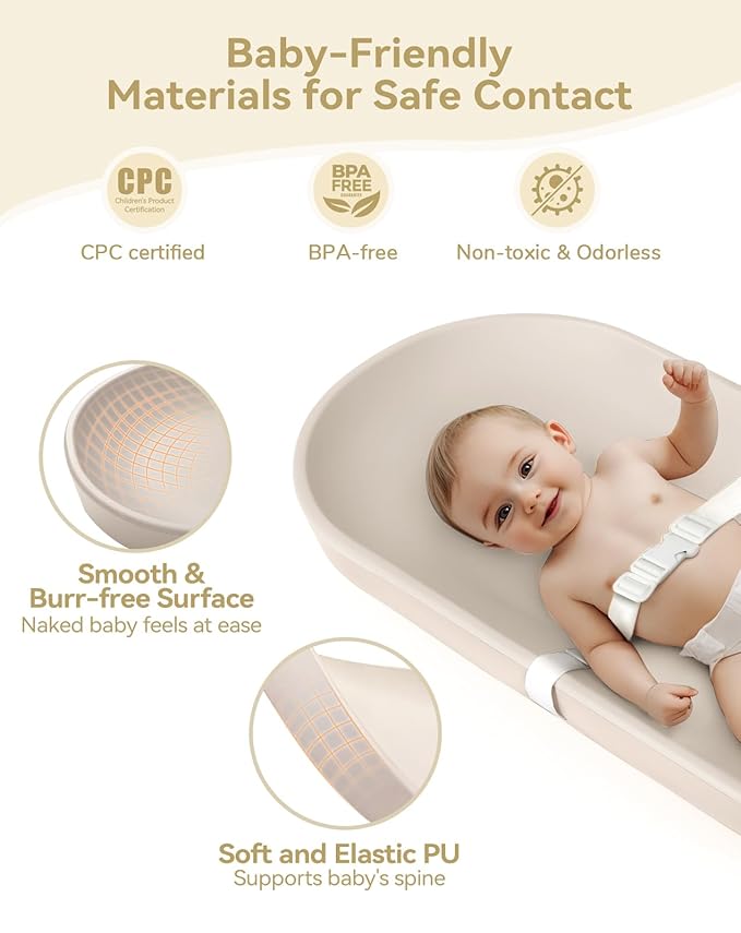COMOMY Baby Changing Pad for Dresser - Wipeable Changing Pad with Restraining Belt, Waterproof, Soft, Lightweight and Portable, Easy to Clean for On The Go Diaper Change, Oatmeal-Colored