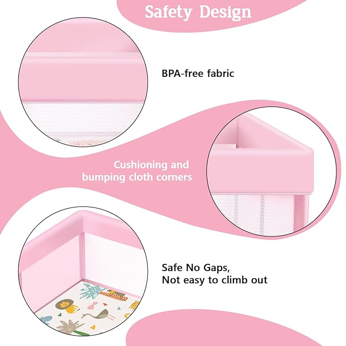 Pink Baby Playpen with Mat, 50x50 Inch Playpen with Mat Waterproof for Babies and Toddlers Play Pen for Girls Pink Playards Safety Gate Fence Active Center Indoor