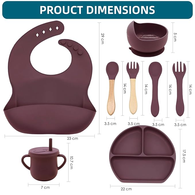 100% Silicone Baby Feeding Set, BPA Free Dishes With Suction Bowl, Divided Plate, Toddler Self Feeding Utensils, Spoons, Forks, Sippy Cup and Bib (Dark Red)