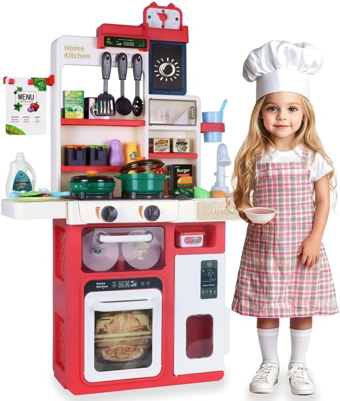 Kids Pretend Kitchen Playset with Electronic Stove, Steam & LED Lights – Interactive Toddler Kitchen Toy with Working Sink, Play Food & Accessories for Girls & Boys 3–8 Years (Red)