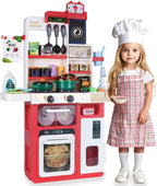Kids Pretend Kitchen Playset with Electronic Stove, Steam & LED Lights – Interactive Toddler Kitchen Toy with Working Sink, Play Food & Accessories for Girls & Boys 3–8 Years (Red)