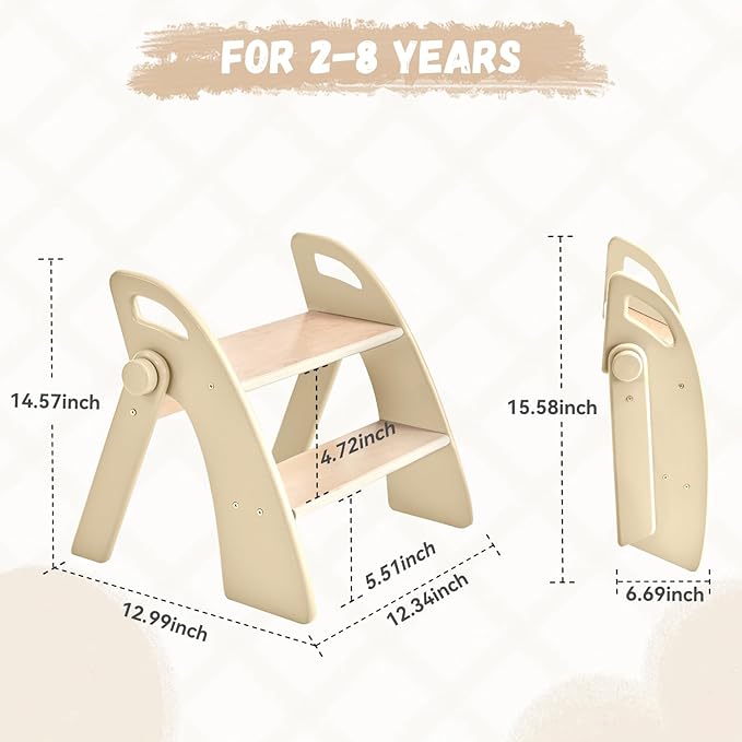 Wooden 2 Step Stool for Kids Bathroom Sink Foldable Anti-Slip 2-Step for Toilet Potty Training, Child Stepping Stool for Kitchen Nursery Bedroom, Sturdy Non Slip Adult Stool for Closet
