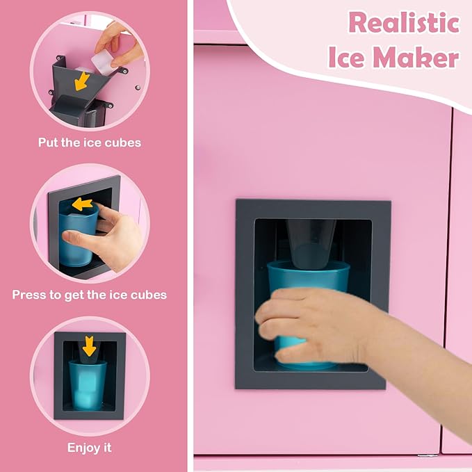 HONEY JOY Kids Kitchen Playset, Wooden Play Kitchen for Toddlers, Microwave, Range Hood, Ice Maker, 18 Cooking Accessories, Little Chef Pretend Play Toy Kitchen Set, Gift for Boys Girls, Dark Pink