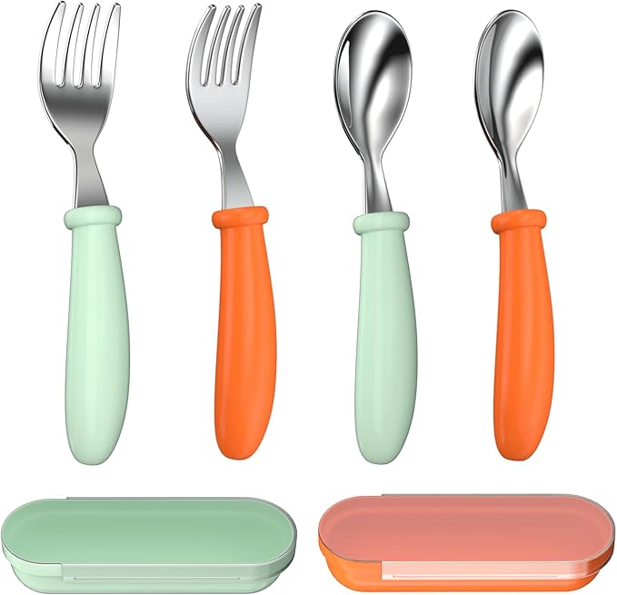 Toddler Utensils, Kids Stainless Steel Silverware Set, Toddler Forks and Spoons, Baby Utensils Set with Storage Box for Self Feeding Safe, Dishwasher Safe (2 Set with Case)