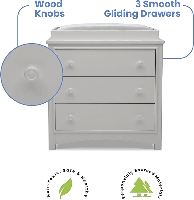 Delta Children Perry 3 Drawer Dresser with Changing Top and Interlocking Drawers, Moonstruck Grey