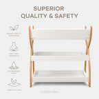 Comfy Cubs Baby Changing Table - Sturdy Wood Construction, Timeless Look Baby Change Table with Two Open Shelves for Infant Daycare Essentials Storage - White with Natural Wood Legs