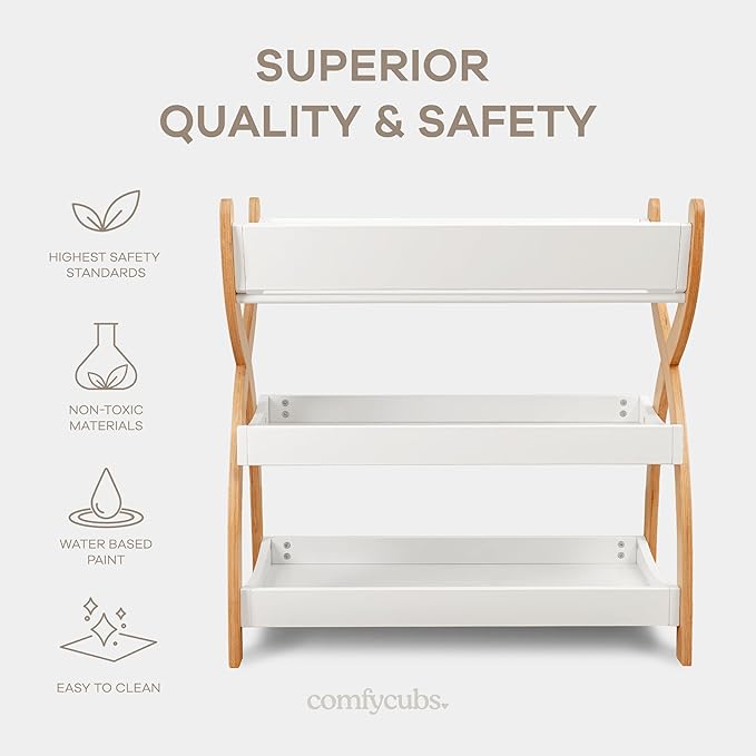 Comfy Cubs Baby Changing Table - Sturdy Wood Construction, Timeless Look Baby Change Table with Two Open Shelves for Infant Daycare Essentials Storage - White with Natural Wood Legs