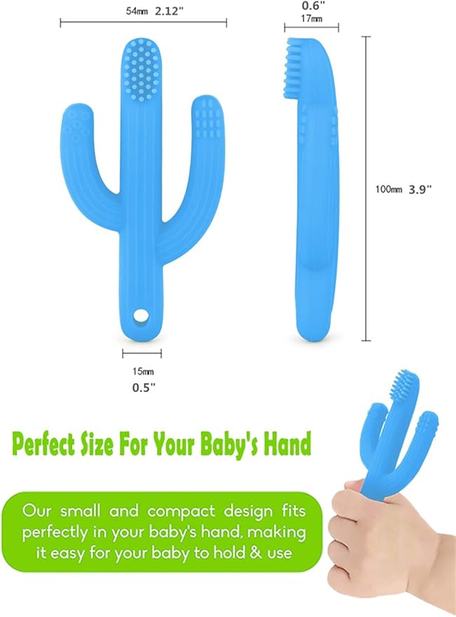 Cactus Teether, Baby Teething Toys for Babies, Self-Soothing Pain Relief Soft Baby Toothbrush for Babies, Toddlers, Infants, Boy and Girl, Natural Organic BPA Free(Blue)