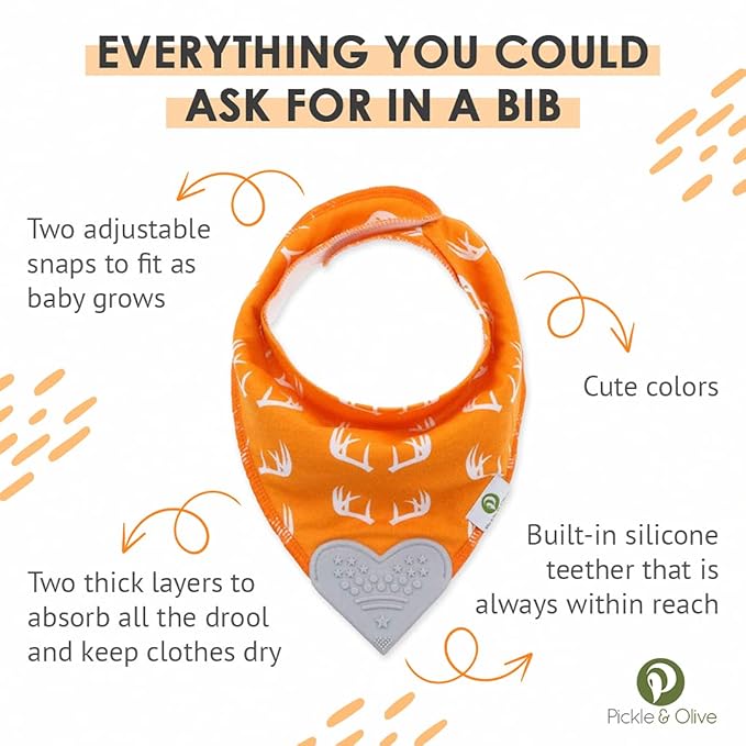 Pickle & Olive Baby Bandana Teething Bibs with Attached Teether - Set Of 4 - Orange Fox