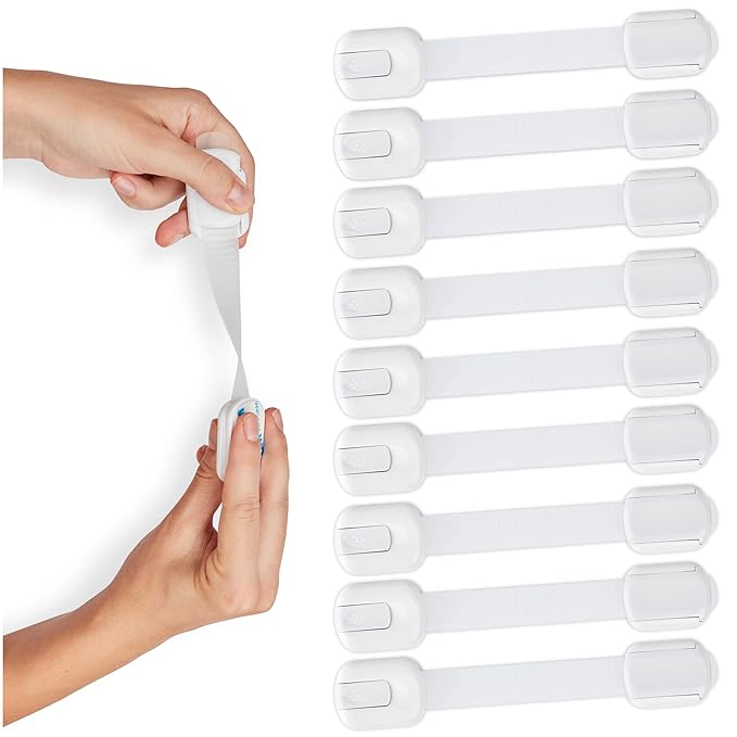 Child Safety Strap Locks (10 Pack) Baby Locks for Cabinets and Drawers, Toilet, Fridge & More. 3M Adhesive Pads. Easy Installation, No Drilling Required, White
