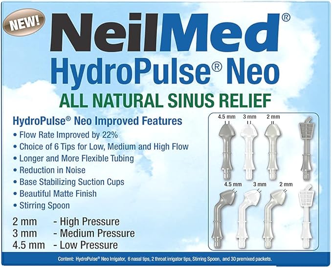 NeilMed HydroPulse Neo. Multi-Speed Electric Pulsating Nasal Sinus Irrigation System with 30 Sinus Rinse Premixed Packets.