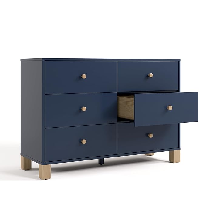 Storkcraft California 6 Drawer Double Dresser (Midnight Blue with Driftwood) – GREENGUARD Gold Certified, Spacious Storage Organizer for Kids’ Room, Safety Interlocking Drawer System